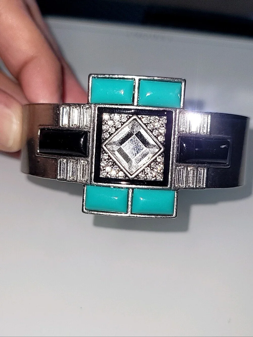 Lia Sophia Geometric Statement Cuff Bracelet Silver Tone Turquoise Black Crystal